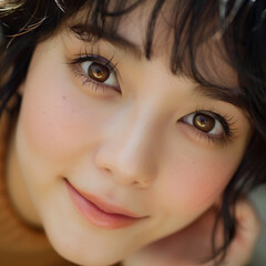 Closeup portrait of a beautiful young woman with brown eyes looking at camera