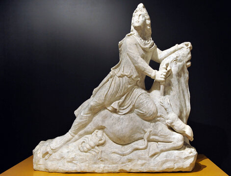 Roman sculpture of the god Mithra in the Archaeological Museum of Cordoba, Andalusia, Spain. Mitra of Cabra