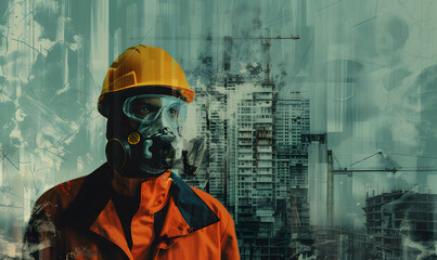 A man in protective gas mask against the backdrop of factories polluting air