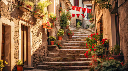 Rural village with stone houses, narrow street, stairs adorned with vibrant flower pots.