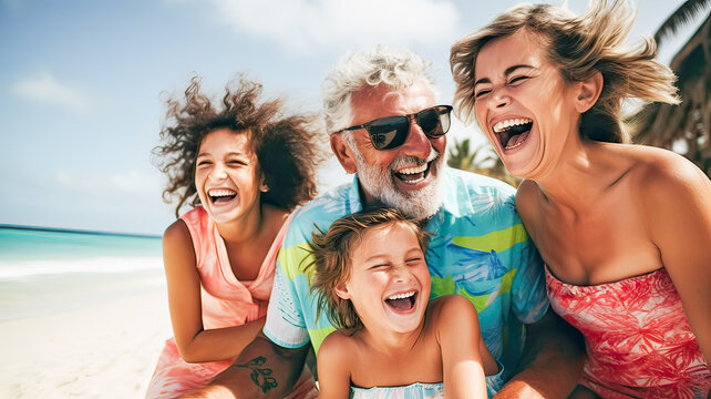 Summer vibes, laughing family in beach attire, blue sky, sandy backdrop, joyful moments.
