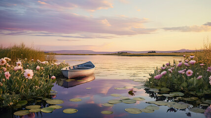 Peaceful lagoon, solitary boat, stunning blue-purple sunset, water reflection, serene landscape. - obrazy, fototapety, plakaty