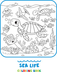 Sea theme. Turtle coloring book. Kids vector
