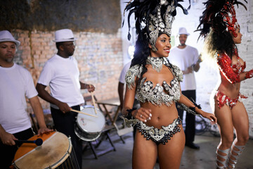 Stage, dance and women at carnival with costume for celebration, music culture and happy band...