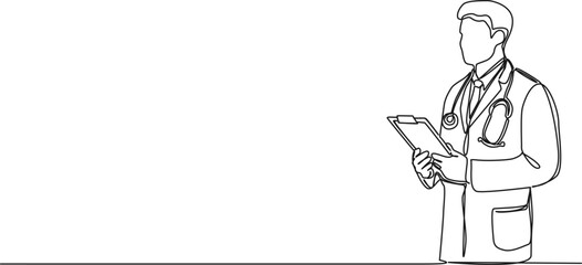 continuous single line drawing of medical doctor with stethoscope holding clipboard, line art vector illustration