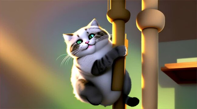 A cute fat white striped cat climbs and plays on a pole.