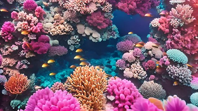 Vibrant coral reef bustling with various fish species swimming among the coral formations in crystal clear waters