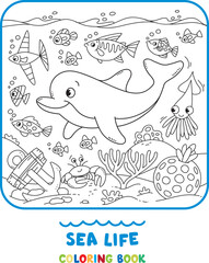Sea theme. Dolphin coloring book. Kids vector