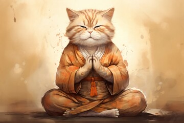 Close up peaceful drawn cat in a monk costume sits in the lotus position, doing yoga and meditation. Concept of mental health in animals