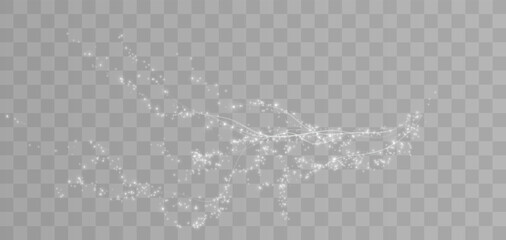Holiday decor element in the form of a glowing white sakura branch. Abstract glowing dust. Christmas background made of luminous dust. Vector png. Floating cloud of holiday bright little dust. - obrazy, fototapety, plakaty