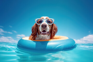 Dog wearing sunglasses relaxing on a float in the sea water during a summer vacation.