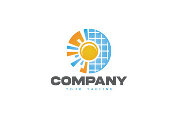 Obraz premium Futuristic logo design of an energy solar panel with bright sun in the center.