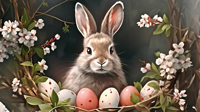 Watercolor painting of rabbit at center, surrounded by eggs. Artwork captures rabbits presence amidst collection of eggs in visually striking composition