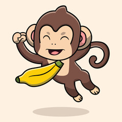 Vector cute monkey flying with banana icon illustration. Animal Food Icon Concept Isolated