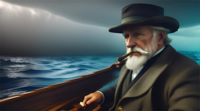 An elderly man in a suit and a cigarette sits in a boat in the middle of the ocean at night.