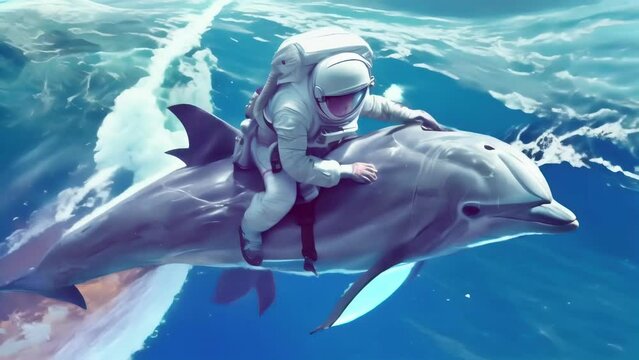 Surrealism. An astronaut riding a dolphin in space. 