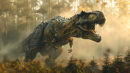 Majestic T rex in a 3D rendered misty woodland detailed textures and dynamic lighting enhancing the prehistoric ambiance