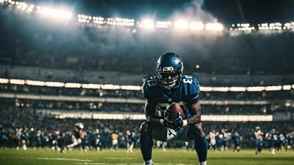 american football player holding pigskin ball on a gridiron field