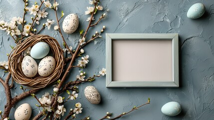 Easter mockup with easter eggs, spring branches and top view empty frame for your design or text, neutral color palette, AI generated - obrazy, fototapety, plakaty