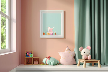 Childrens Illustration Of Mockup Poster Frame Close Up Near Window, 3D Render