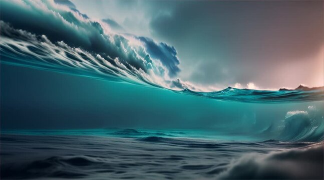 Strong and high waves under sunset with cloudy sky amidst the vast blue sea scenery.