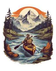 Vintage Retro Paddling Kayaking Kayker T-Shirt. Mountain Camping Design for Print - obrazy, fototapety, plakaty