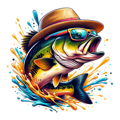 Artistic Funny Bass. Bass Fishing Clipart - obrazy, fototapety, plakaty