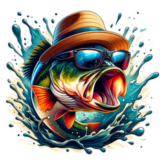 Bass in a Hat. Bass Fishing Clipart - obrazy, fototapety, plakaty