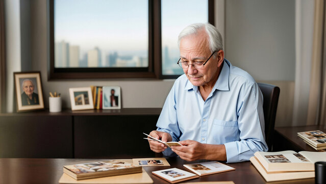 Elderly gray-haired man sits at table holding old photos, reminiscing about loved one