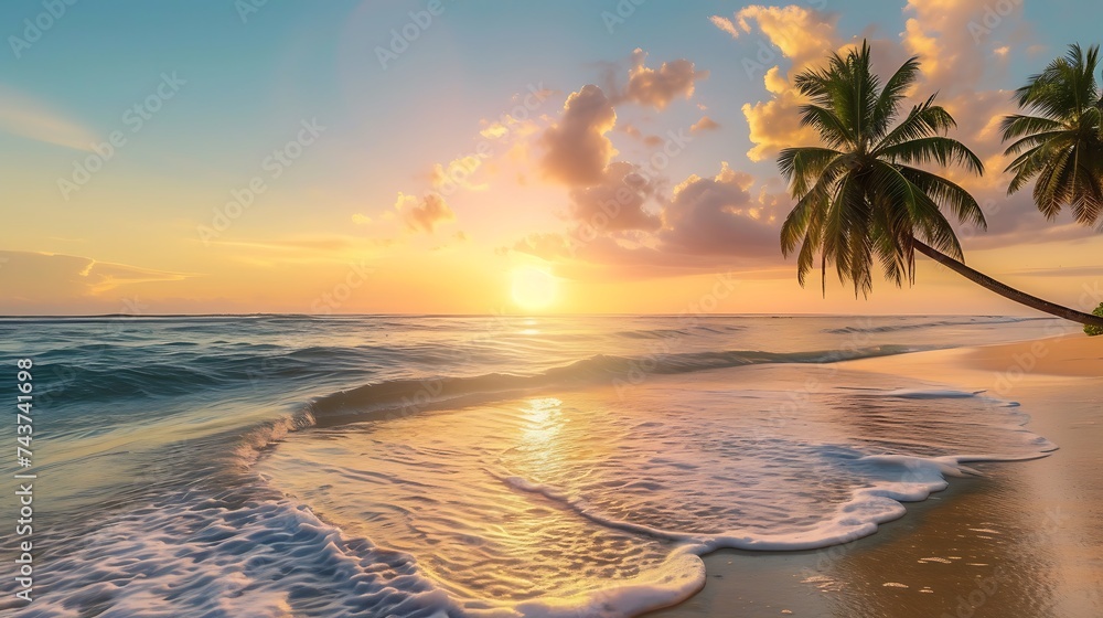 Poster sunset over ocean with palm trees. generative ai.