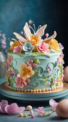 A stunningly beautiful Easter cake decorated with marzepan butterflies and flowers in delicate pastel colors.