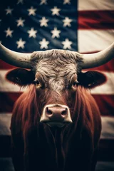 Afwasbaar fotobehang A large bull against the background of the American flag as a symbol of the state of Texas. Revolution or bullfight concept   © Sunny