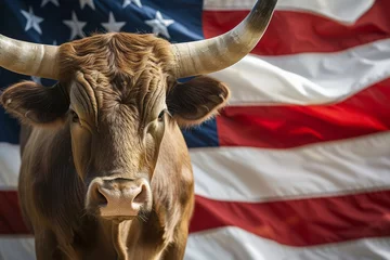 Foto op Canvas A large bull against the background of the American flag as a symbol of the state of Texas. Revolution or bullfight concept   © Sunny