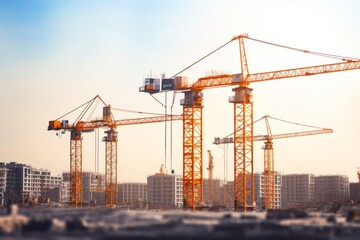 Tower construction crane in the sunset rays, construction and real estate concept, construction business	
