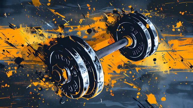 Dynamic gym concept with a 3D barbell splashing against a vibrant yellow background.