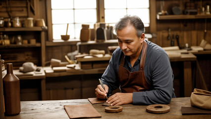 Satisfied middle-aged man working with his hands in old tannery workshop, sitting at workbench, making leather goods, Film grain effect