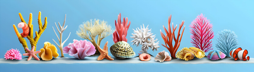 Obraz premium Colorful coral reef display against a serene blue background with diverse marine life.