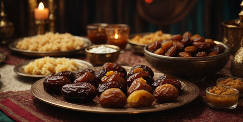 Muslim family starting iftar with dates and other foods during Ramadan
