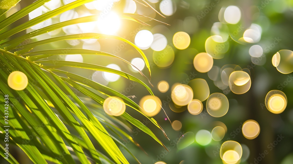Poster sunlit palm tree with rays. generative ai.