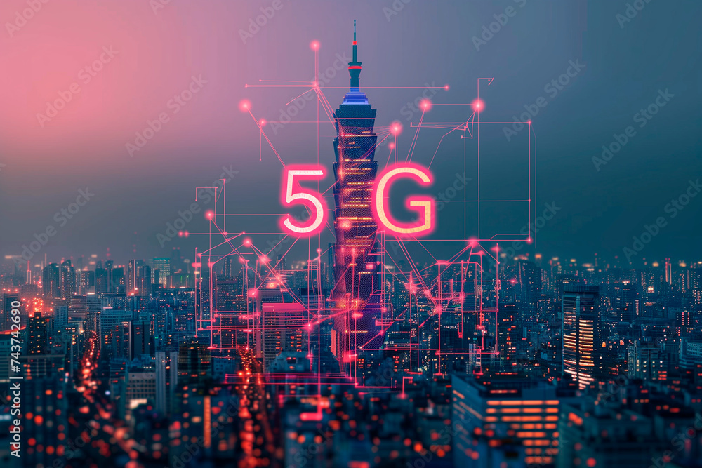 Poster the modern creative communication and internet network connect in smart city . concept of 5g wireles
