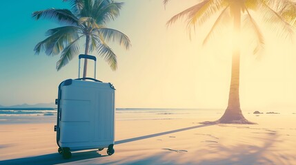 Fototapeta premium White Suitcase Resting on Sandy Beach. Generative AI.