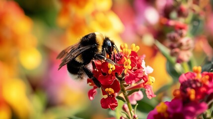 Bumblebee Gathering Nectar from Vibrant Multicolored Flowers in Sunlit Garden
