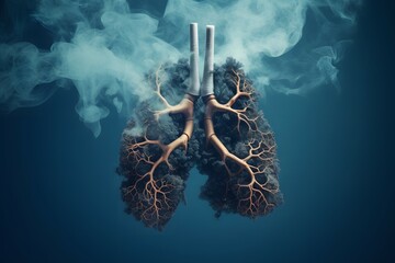 The effect of smoking on the lungs. Dangerous cigarette smoke causing damage to lungs. World tobacco day - obrazy, fototapety, plakaty