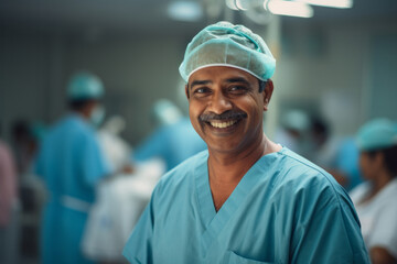 Portrait of happy indian doctor medical worker in surgical clothing in an operating room, concept of surgery and professionalism in the medical field