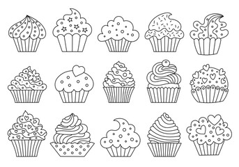 A set of cupcakes with different tastes. Made in the style of doodle. - 743743031