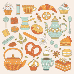 Tea, coffee and dessert elements in doodle style. Baking and sweets for your design. - 743743070