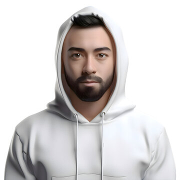 Portrait of a man in a white hoodie on a gray background
