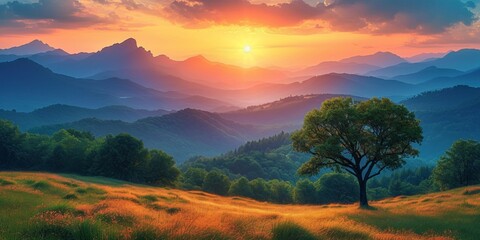 A beautiful wilderness landscape with mountains, vibrant sunset, and a meadow, creating a wonderful wonderland.