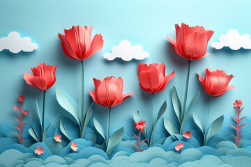 A vintage-inspired greeting featuring crafted paper flowers in vibrant spring colors. - obrazy, fototapety, plakaty