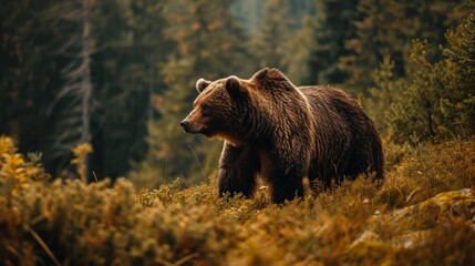 Majestic Brown Bear Roaming in Lush Green Forest
